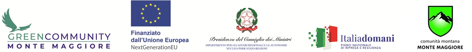 Loghi istituzionali: Green Community Monte Maggiore; Finanziato dall’Unione Europea – NextGenerationEU; Presidenza del Consiglio dei Ministri; Italia Domani – PNRR; Comunità Montana Monte Maggiore.